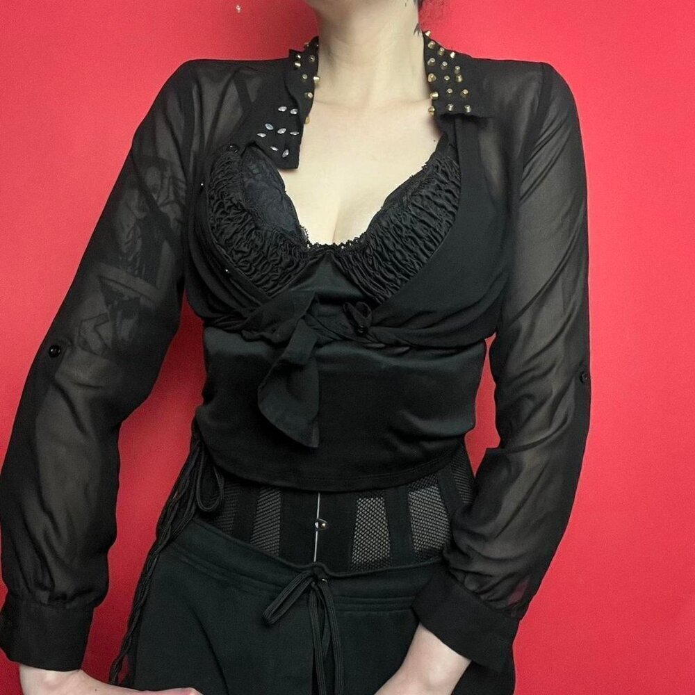 Stella tweed / Sheer black button up blouse with studded accents  🖤💛​​​​​​